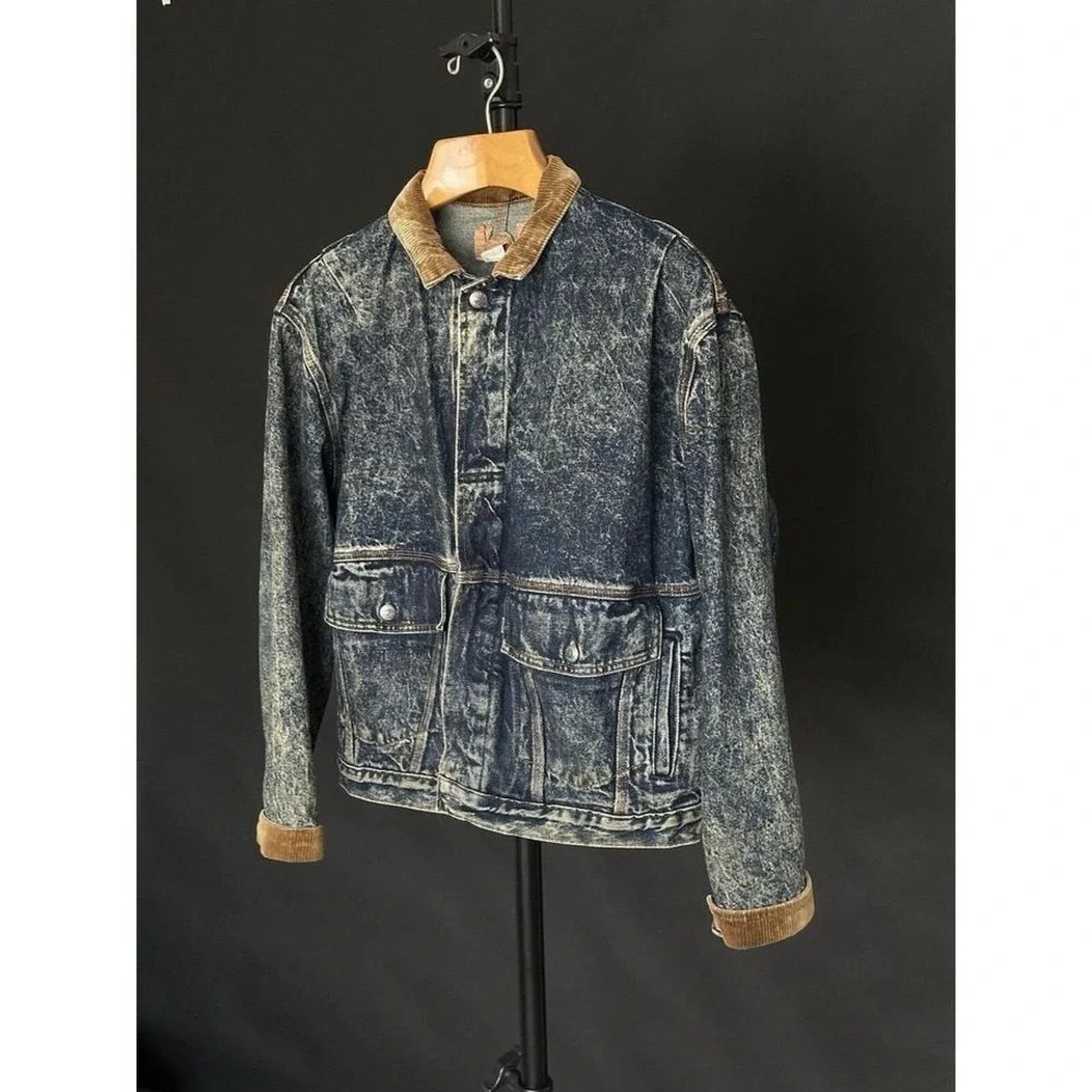 Vintage 1980s Levi's Dark Acid Wash Jean Jacket Medium Corduroy‎ Collar Rare USA
